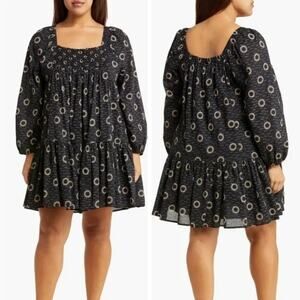 Treasure & Bond Spiral Print Smocked Neck Long Sleeve Dress Black Tan Size XS